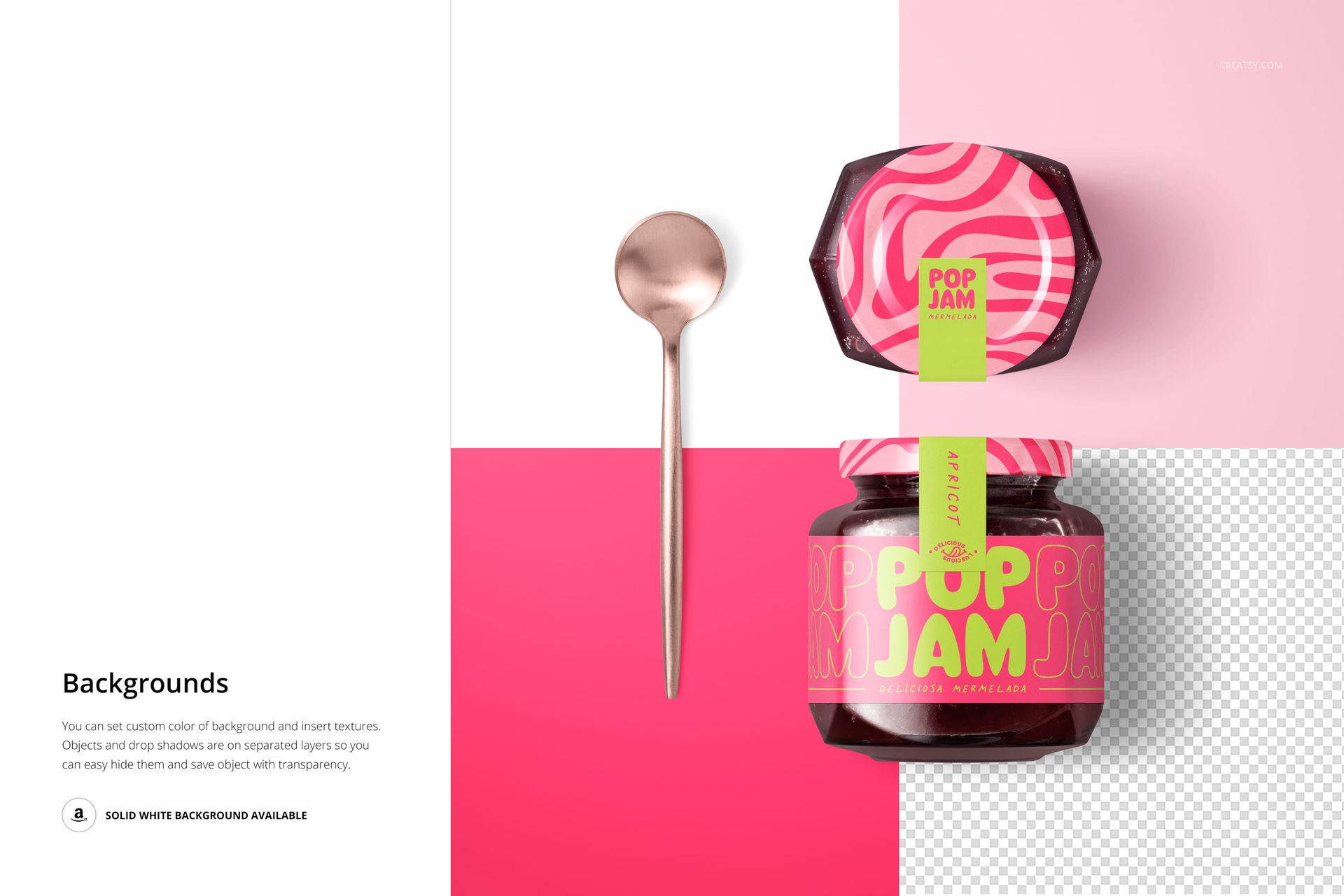 PSD mockup of a blackberry jam jar with vibrant pink design, displayed alongside a spoon on a split color backdrop.