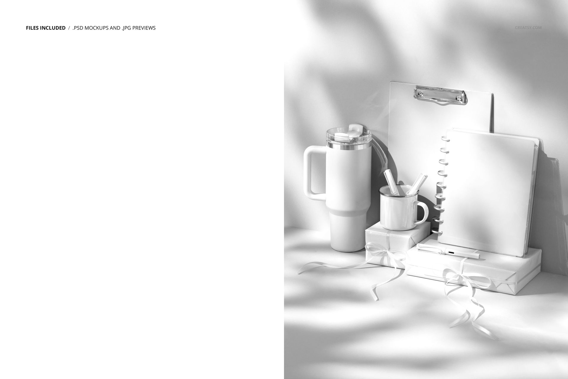 PSD mockup showing various desk stationery and drinkware with a spiral notebook, mugs, and a clipboard in a minimal scene.