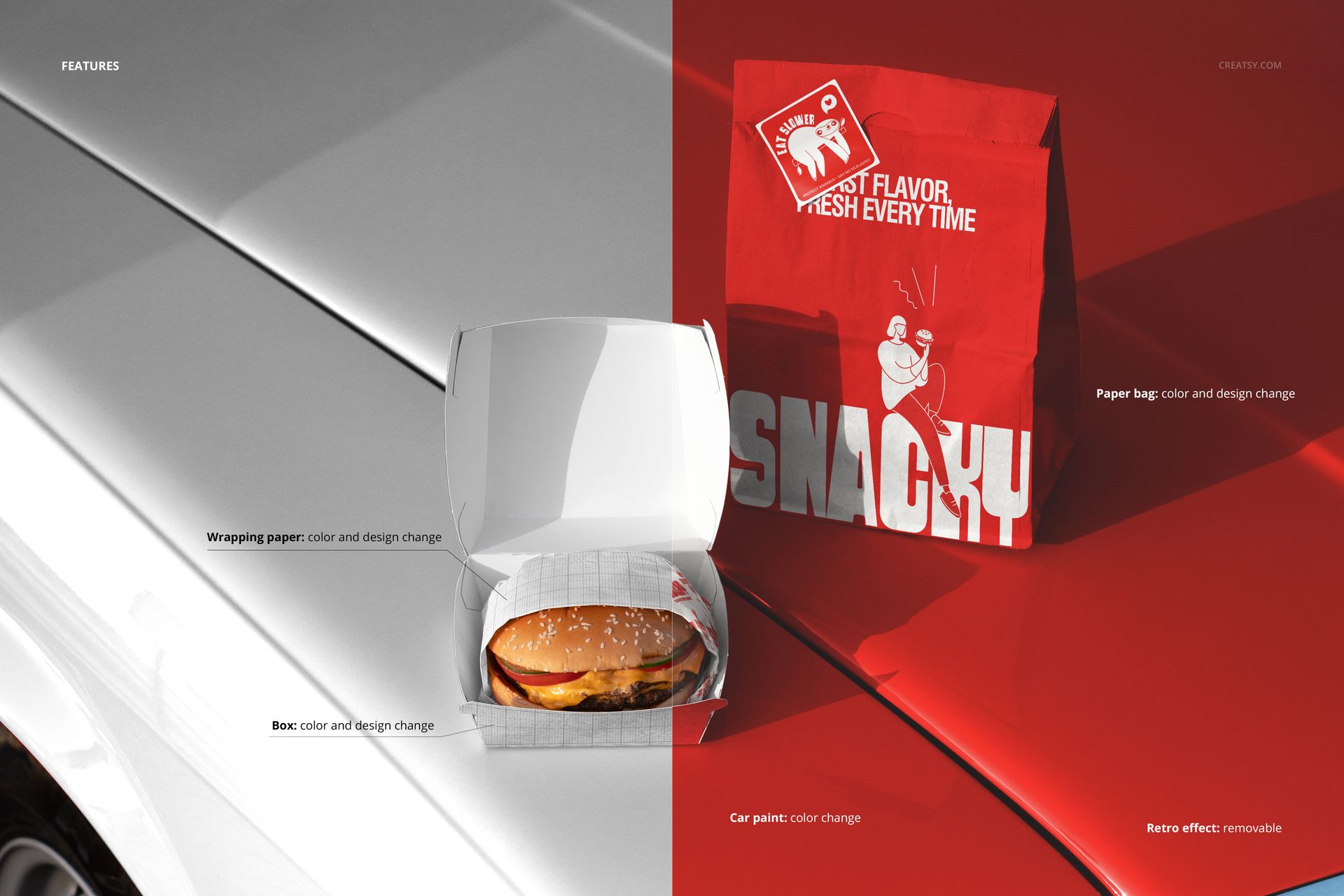 Burger packaging mockup featuring a burger in a white box and red paper bag displayed on a classic car hood.