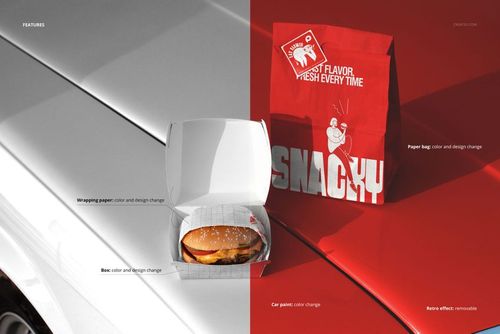 Burger packaging mockup featuring a burger in a white box and red paper bag displayed on a classic car hood.