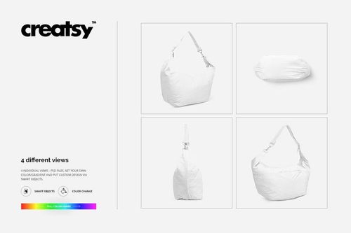 Crescent-shaped bag mockup shown in four different angles on a white background, including front and side views.