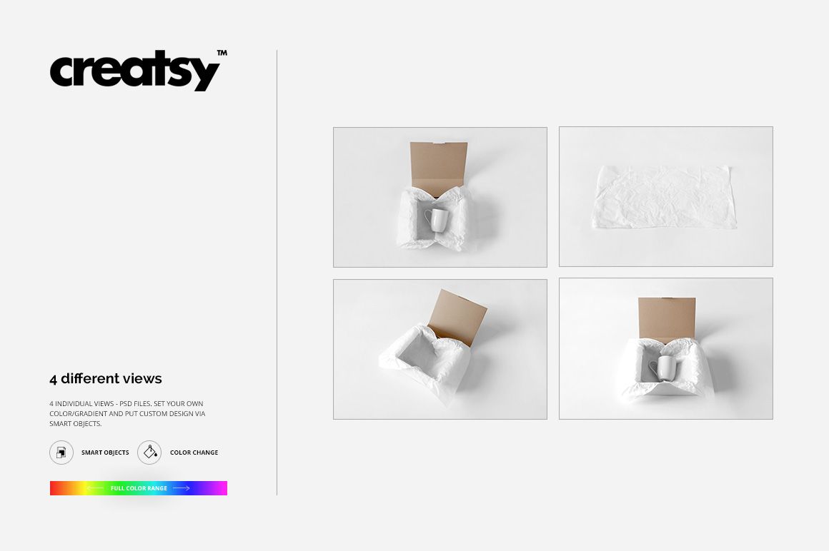 Mailing box and wrapping paper mockup set featuring four views with a mug, neutral white background, and top perspectives.