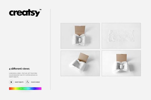 Mailing box and wrapping paper mockup set featuring four views with a mug, neutral white background, and top perspectives.