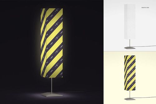 Lampshade PSD mockup featuring a geometric lamp with yellow and navy striped pattern, front view on dark background.