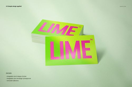 PSD mockup featuring rectangular stickers with neon green and pink design, displayed on a soft green tabletop.