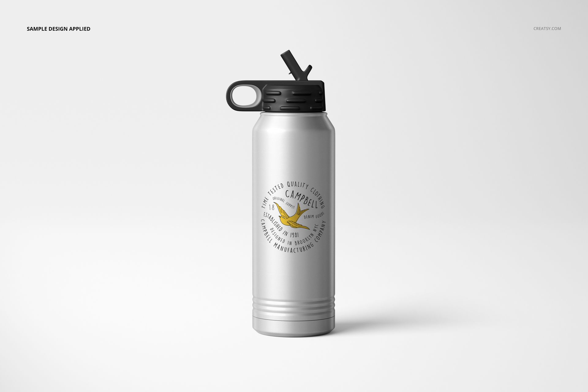Front-facing stainless steel water bottle mockup with black cap and sample logo, set against a plain white backdrop.