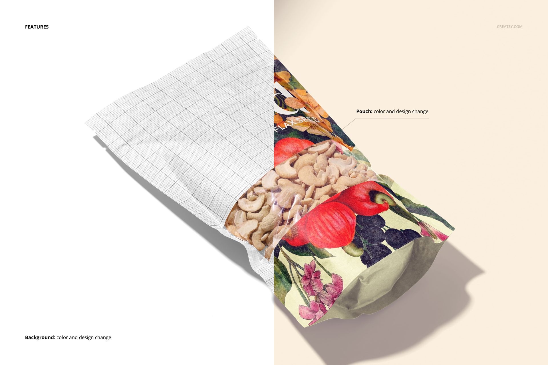 Paper pouch mockup filled with cashews, shown in a top view with half floral design and half grid pattern.