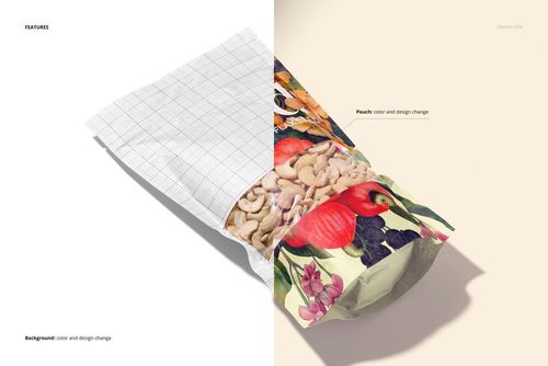 Paper pouch mockup filled with cashews, shown in a top view with half floral design and half grid pattern.