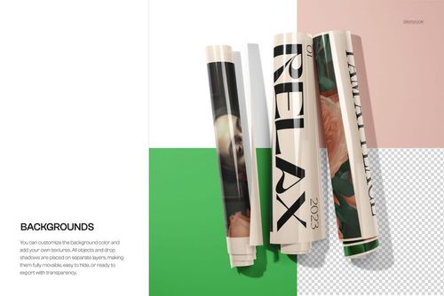Trio of rolled glossy posters featuring varied artwork, casting soft shadows on a split-color background, PSD mockup.