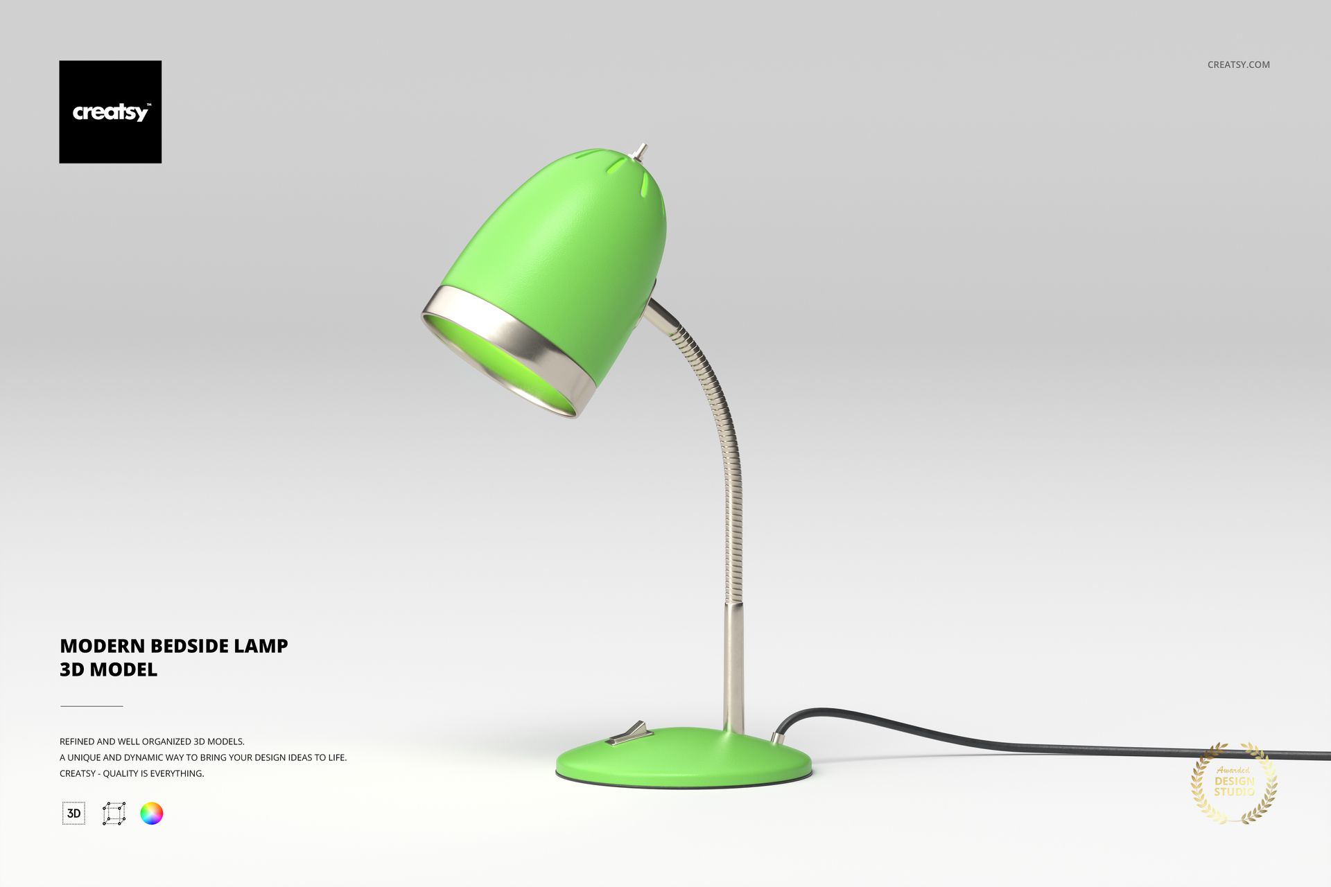 Modern bedside lamp with a curved metallic stand and bright green shade, shown in a side view on a plain background.
