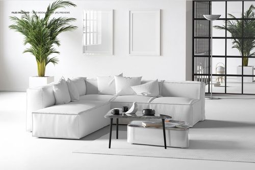 PSD mockup showing a bright living room with white sofa, assorted pillows, and a sleek black table in front.