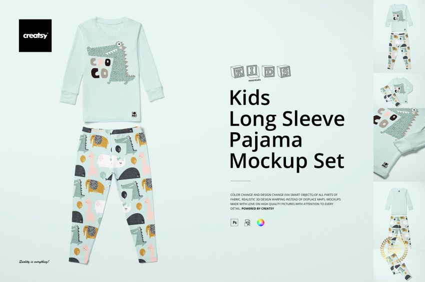 Kids long sleeve pajama set mockup featuring a light blue top with animal graphic and patterned pants, front view.