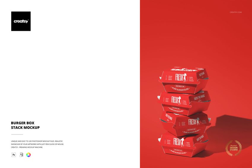 PSD mockup showing a vertical stack of red burger boxes with white graphics on a vibrant red surface, angled perspective.