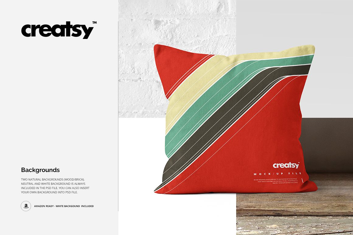 Square pillow mockup featuring bold diagonal stripes in red, beige, green, and brown, placed on a white brick and wood floor.