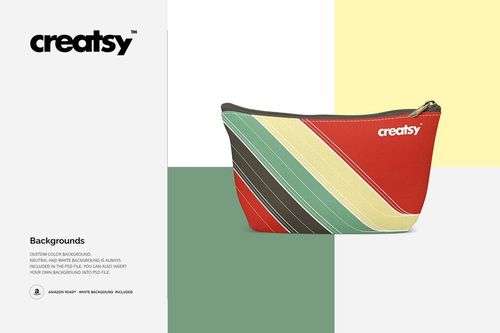 Make-up pouch PSD mockup featuring a zippered pouch with colorful diagonal stripes, shown against a neutral backdrop.