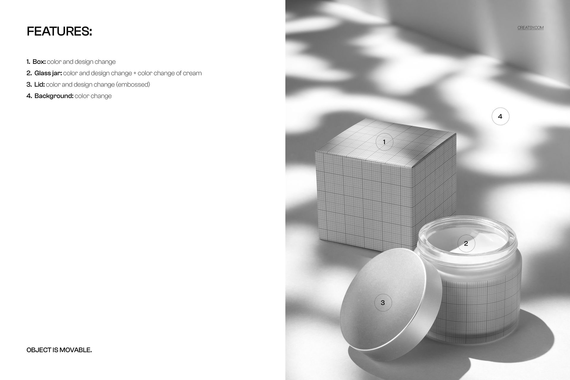 Cosmetic jar mockup with cream exposed and square packaging box, displayed in a minimal light setting.