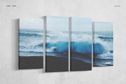 PSD mockup featuring multiple canvas wall art pieces with a seascape image, presented in a studio setting.