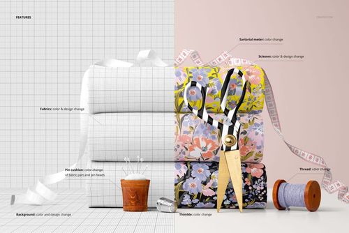 Jersey fabric mockup featuring colorful floral and neutral patterns, with sewing accessories arranged nearby.