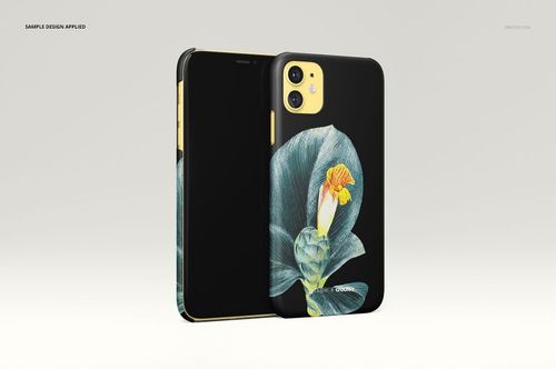 iPhone 11 matte snap case mockup showing a floral illustration on a dark case, displayed in a minimal studio setting.