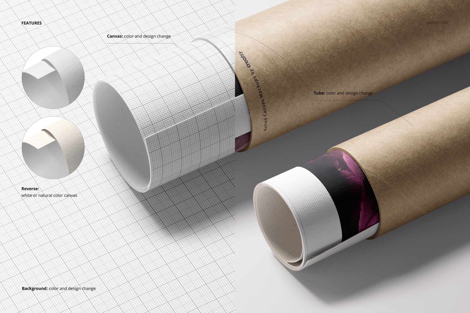 Rolled canvas print mockup showing two cylindrical prints partially inside brown cardboard tubes, split view with textured grid background.