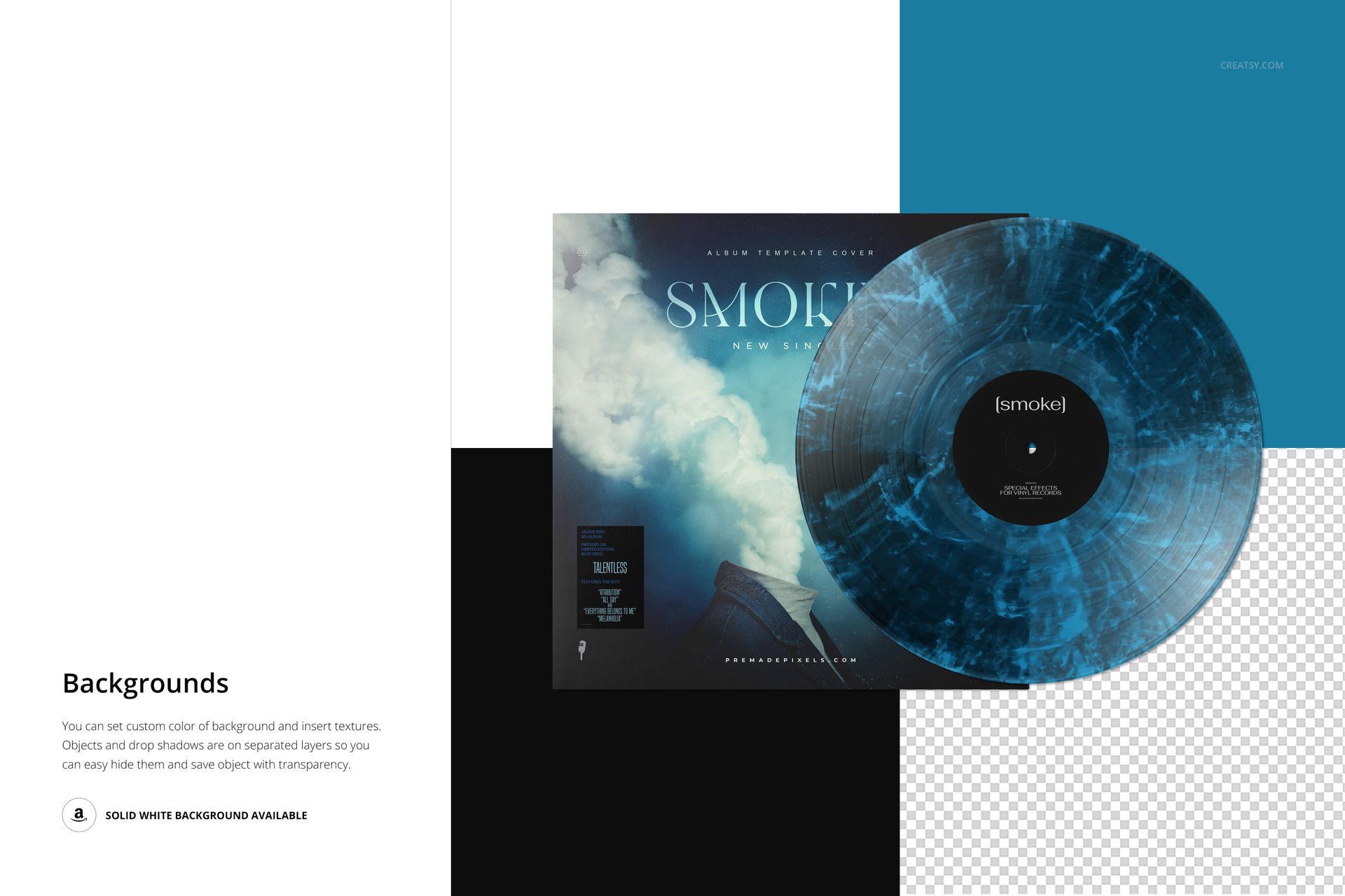 PSD mockup displaying a blue smoke effect vinyl record alongside an album cover with a sky and cloud theme.