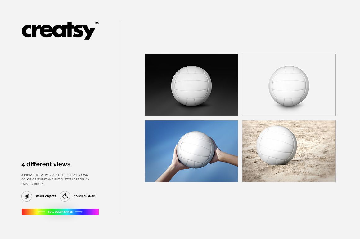 Set of volleyball ball mockups featuring four views, including close-up, hands holding, and ball on sand.