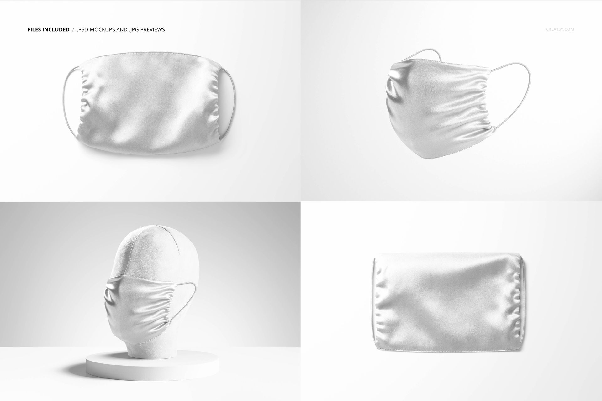 Silk face mask mockup set showing four views of a plain white mask on a light background, including a mannequin head.