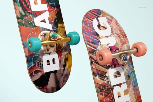 PSD mockup featuring detailed skateboard decks with vibrant artwork, turquoise and pink wheels, and metal trucks.