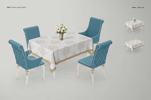 Tablecloth mockup featuring a decorative beige and gold design on a square table with blue upholstered chairs.
