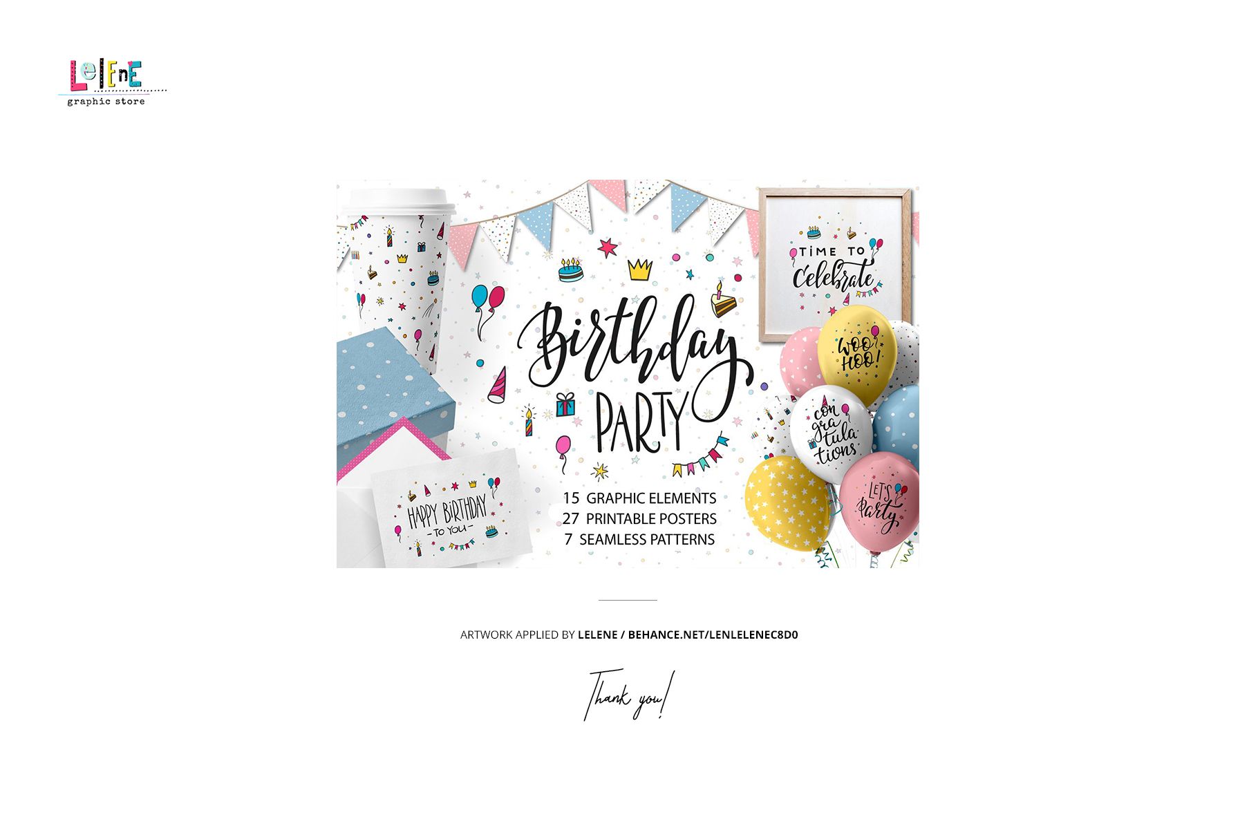 Birthday party cake topper mockup set with colorful confetti patterns, balloons, and festive decorations on a white background.