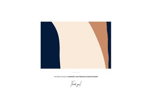 Rectangular kraft shopping paper bag mockup featuring abstract navy blue, beige, and brown curved shapes, front view.