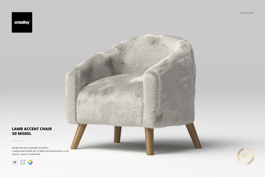 Front view of a lamb accent chair with soft, light gray faux fur upholstery and wooden legs on a plain background.