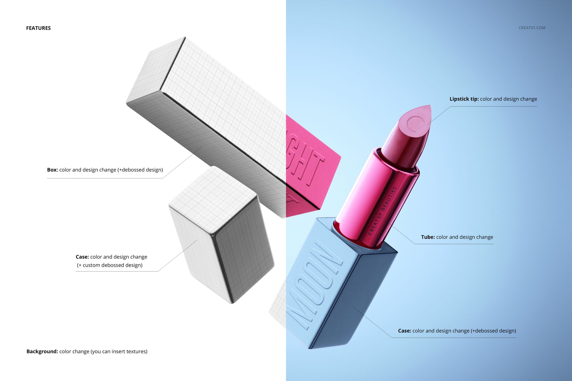 Lipstick mockup set featuring a metallic pink lipstick in a rectangular case, shown in a split scene with editable design elements.