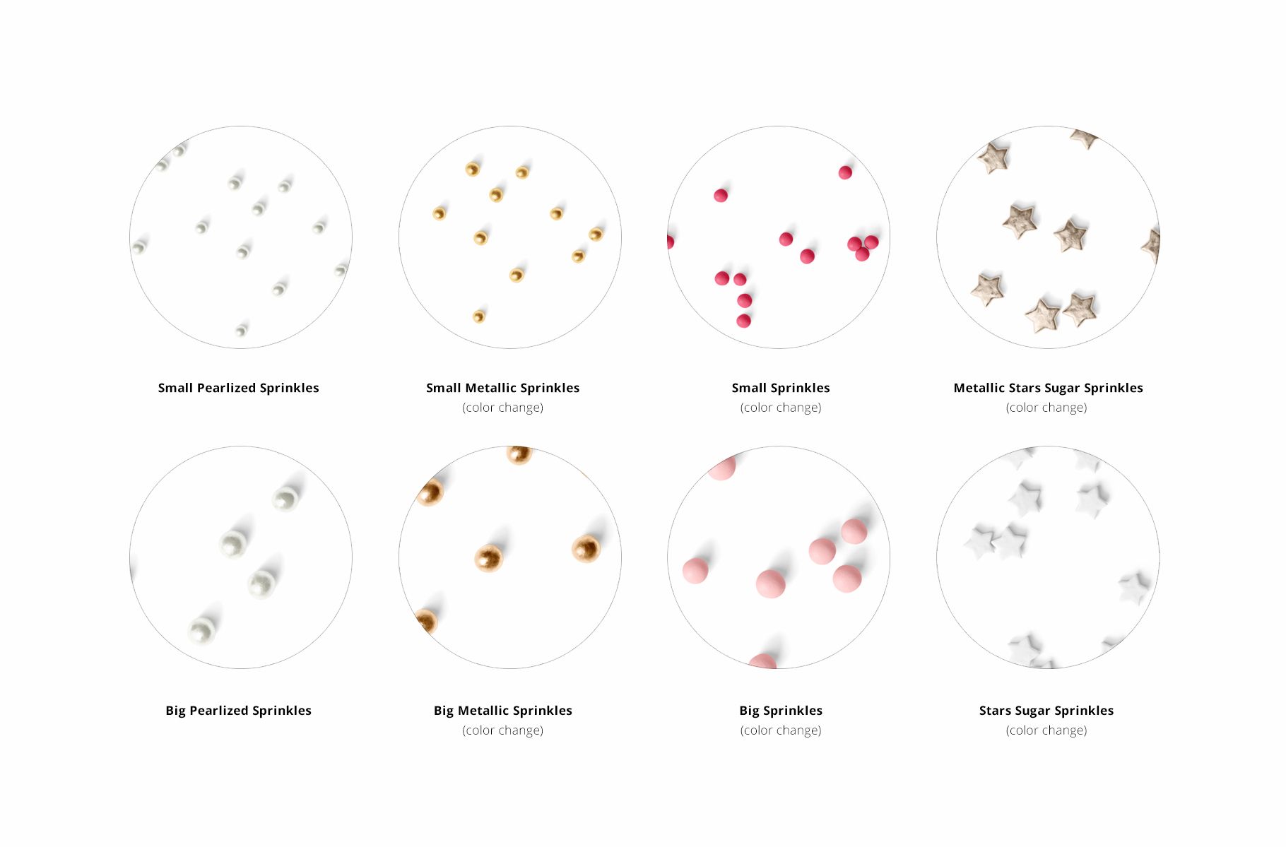 Cupcake toppers and wraps mockup showing eight circular designs with various sprinkles and star shapes on white backgrounds.