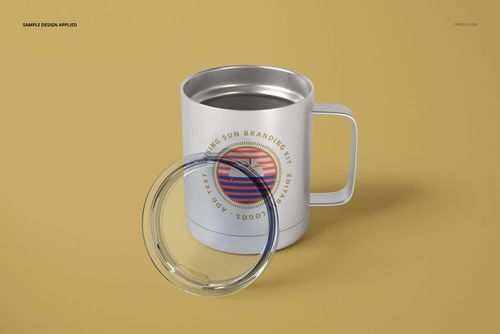 10oz white stainless steel coffee cup with silver interior and clear lid, front view on a beige background.