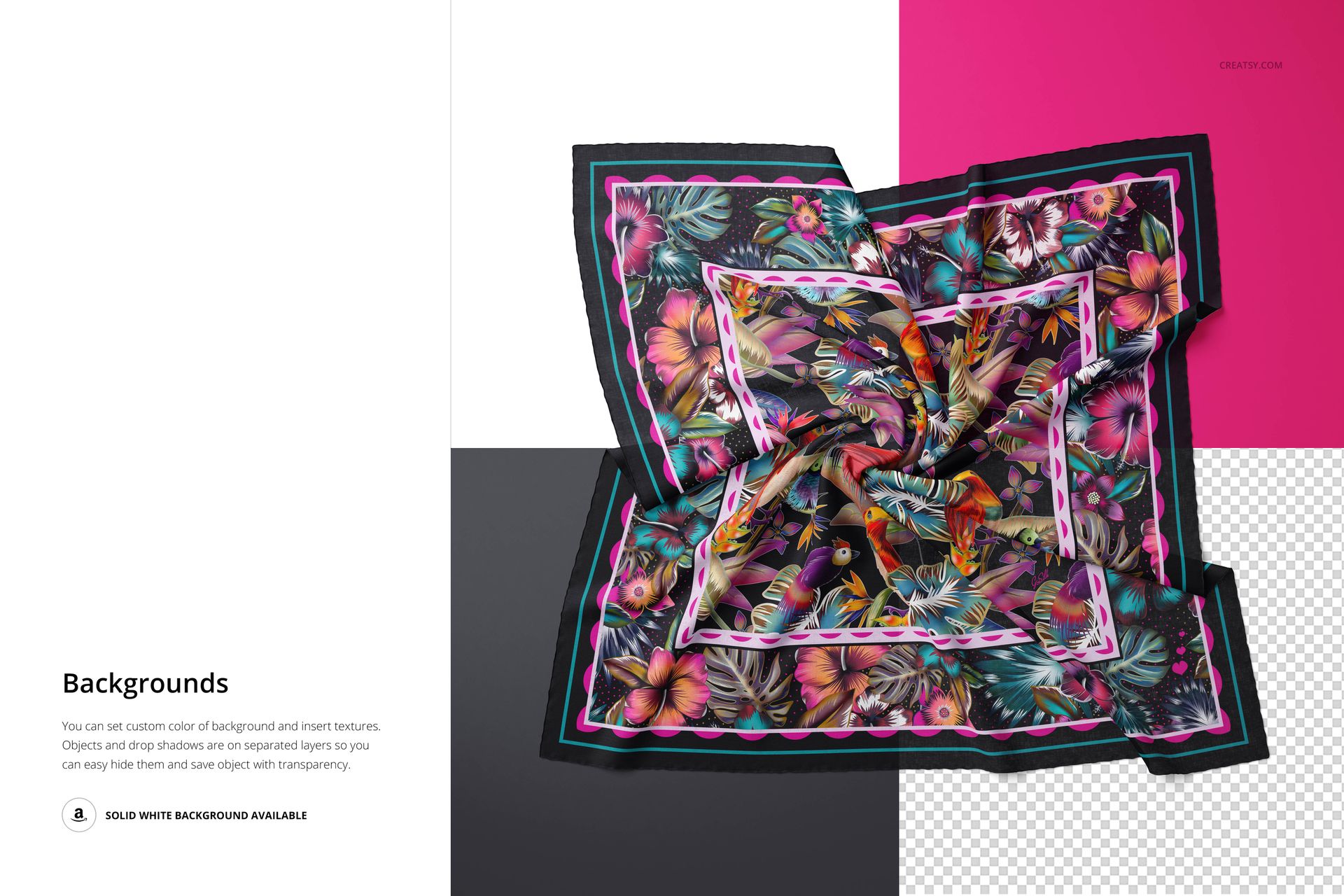 Square cashmere scarf mockup with colorful floral pattern, displayed on a four-section background with white, pink, black, and transparent areas.