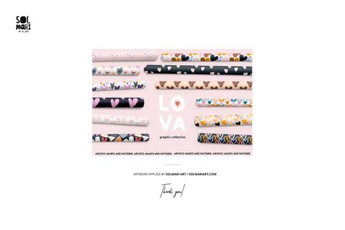 Front view of a mockup featuring multiple rolled papers with colorful heart and geometric patterns on a white background.