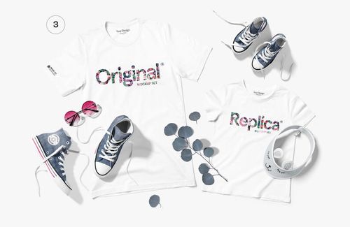 Flat lay of Bella Canvas 3001 mockup set showing adult and child white t-shirts with floral text and casual props.
