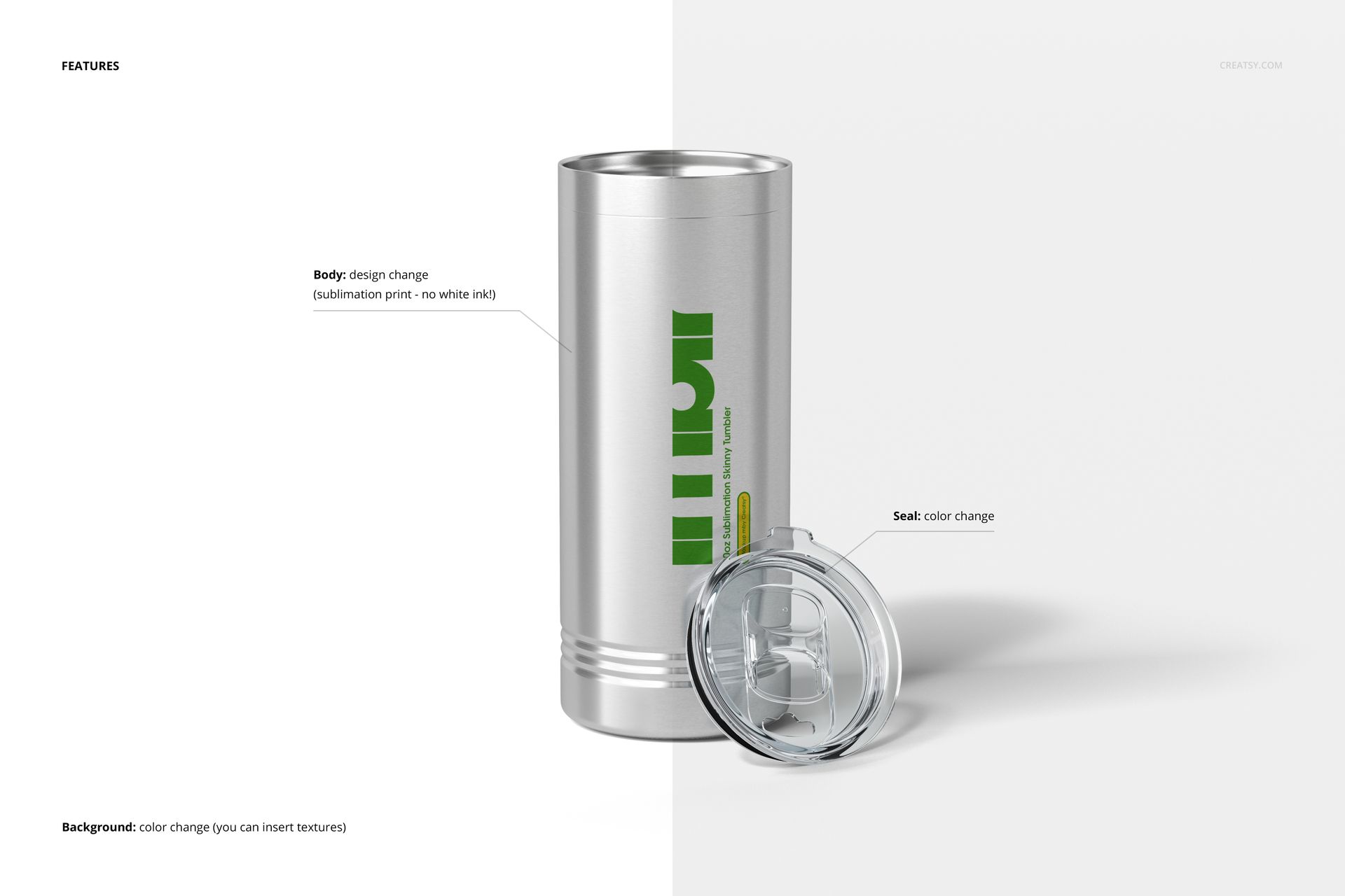 Front view of a 22oz stainless steel tumbler mockup with transparent lid and customizable green artwork details.