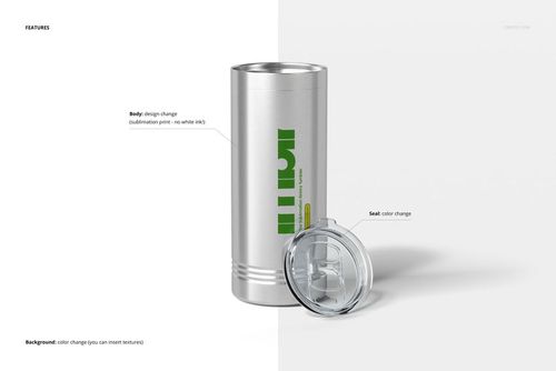 Front view of a 22oz stainless steel tumbler mockup with transparent lid and customizable green artwork details.