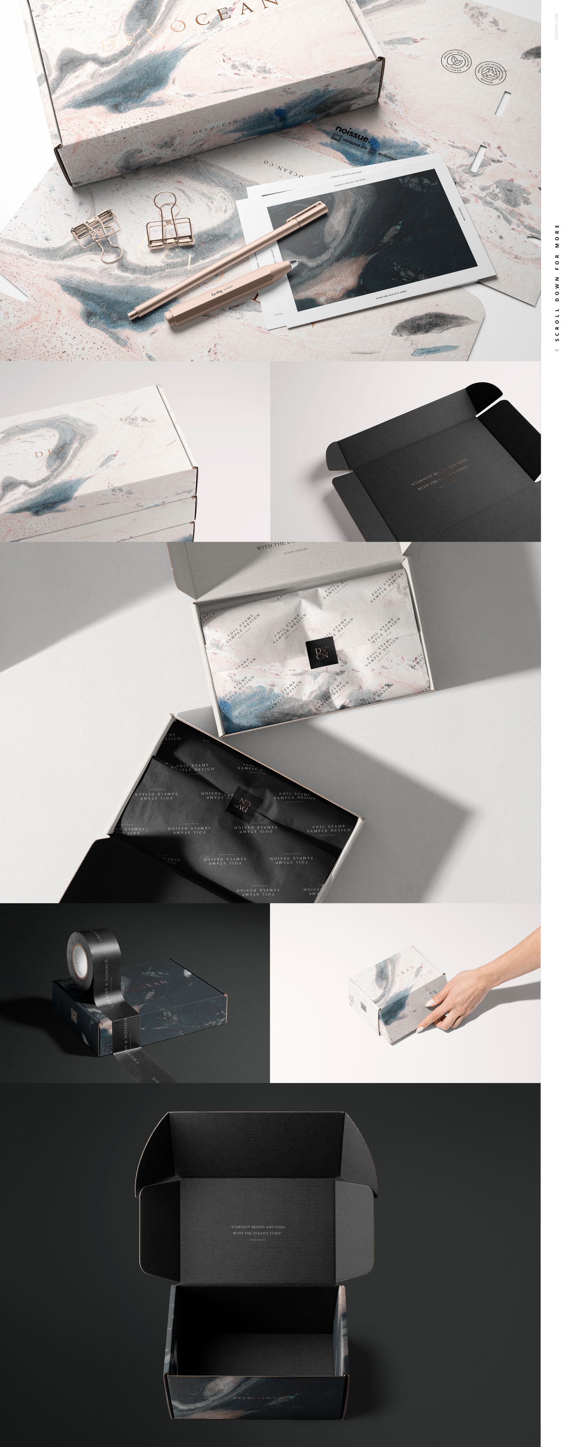 Collection of mailing box mockups shown with abstract designs, including open and closed boxes in different perspectives.
