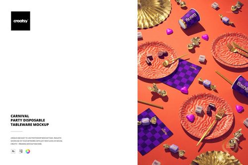 Top view of carnival-themed disposable tableware mockup featuring patterned plates, cups, napkins, and gold cutlery on orange.