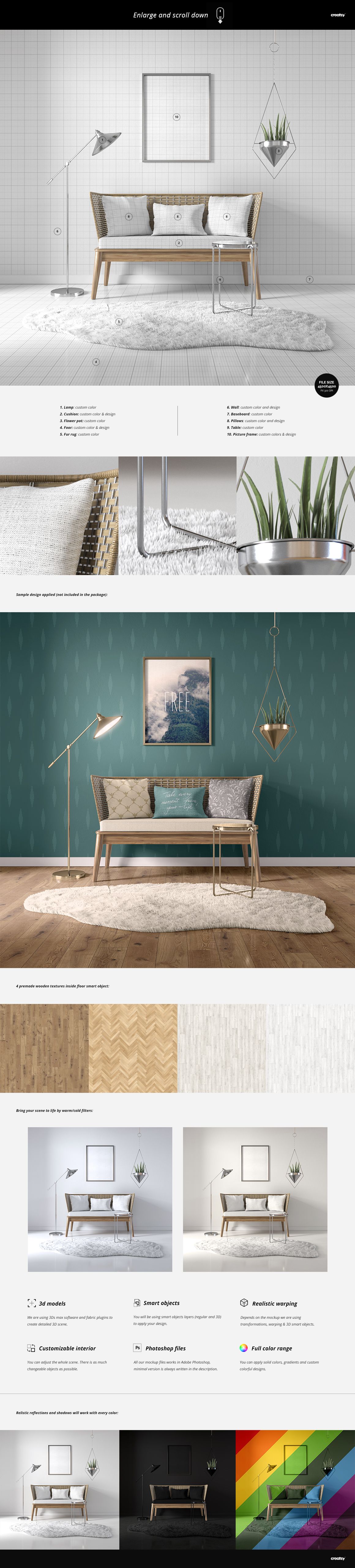 Modern living room scene with a wooden bench, decorative pillows, a patterned rug, and a wall mockup background.
