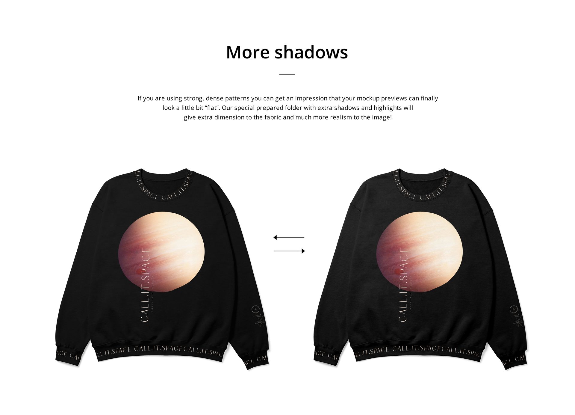 Black Gildan 18000 sweatshirt mockup set with space-themed artwork, presented in a side-by-side front-facing arrangement.