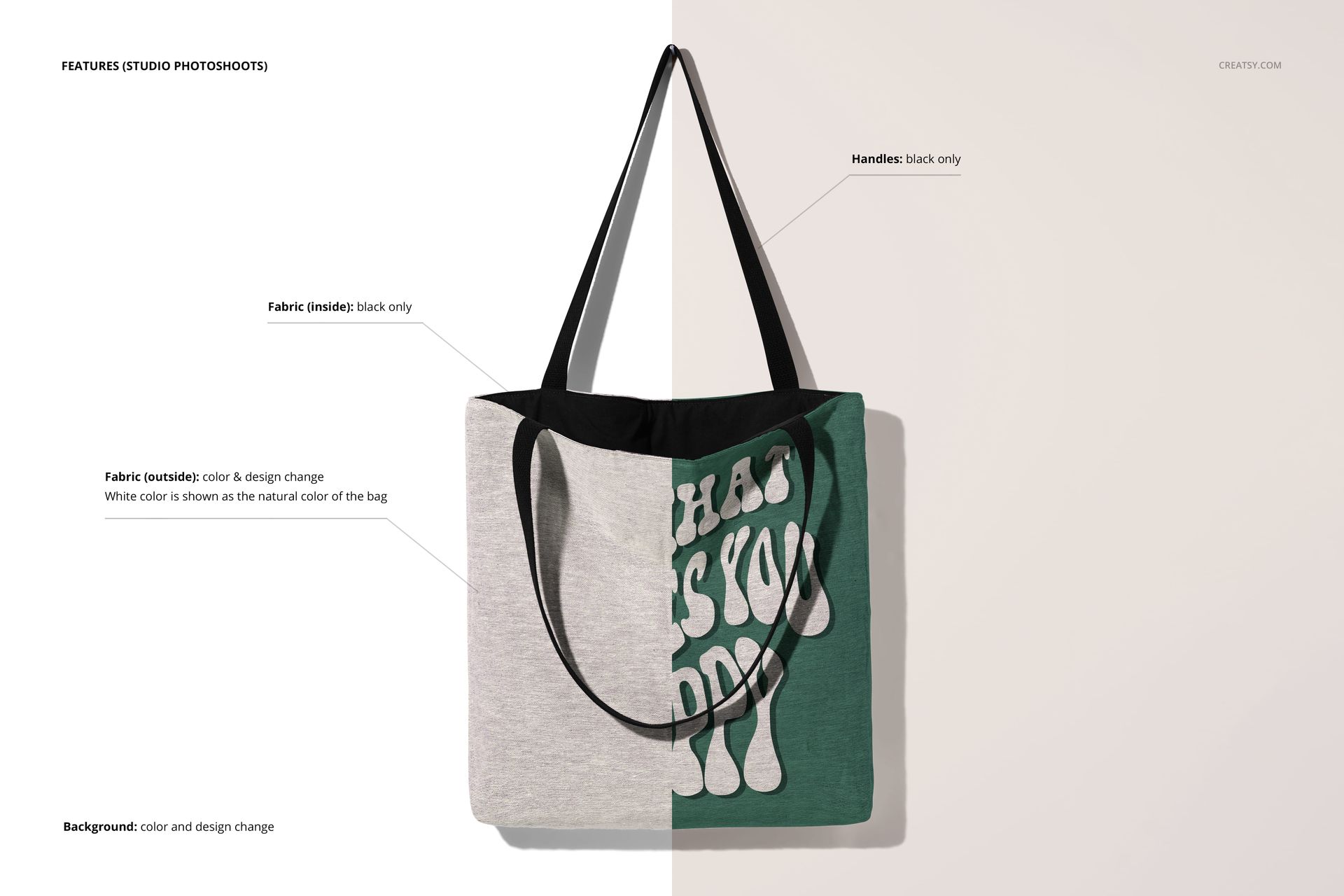 Front view of a woven tote bag mockup with black handles, split design in gray and green fabric, on a plain background.