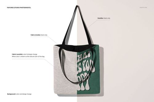 Front view of a woven tote bag mockup with black handles, split design in gray and green fabric, on a plain background.