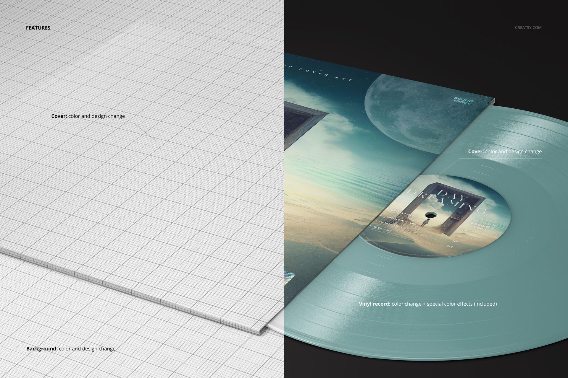 Colored vinyl record and album cover mockup shown from a top angle, with customizable design and color options.