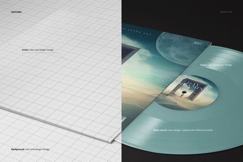 Colored vinyl record and album cover mockup shown from a top angle, with customizable design and color options.