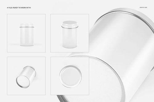 Metal canister mockup set featuring a cylindrical white container shown from multiple angles on a light background.