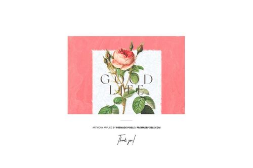 Front view of a vinyl record cover mockup featuring a pink background, a rose illustration, and text reading 'Good Life'.